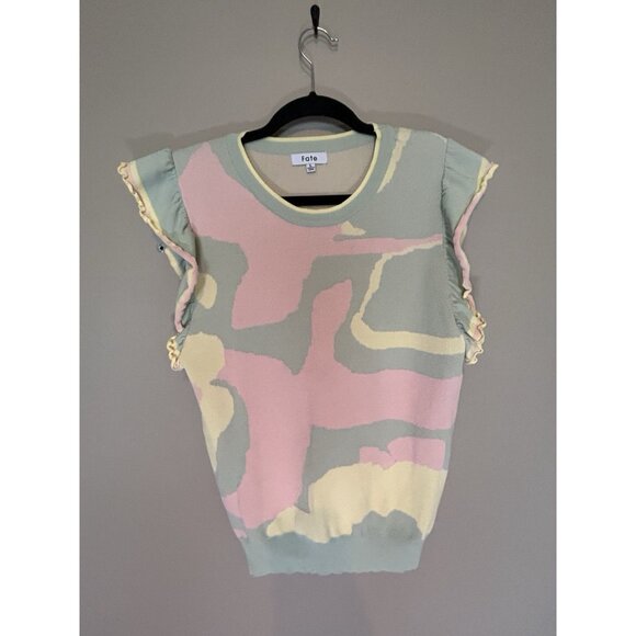 Fate Sleeveless Ruffle Sleeve Sweater, Multicolor, Pink Yellow Green Size Large - Picture 2 of 7